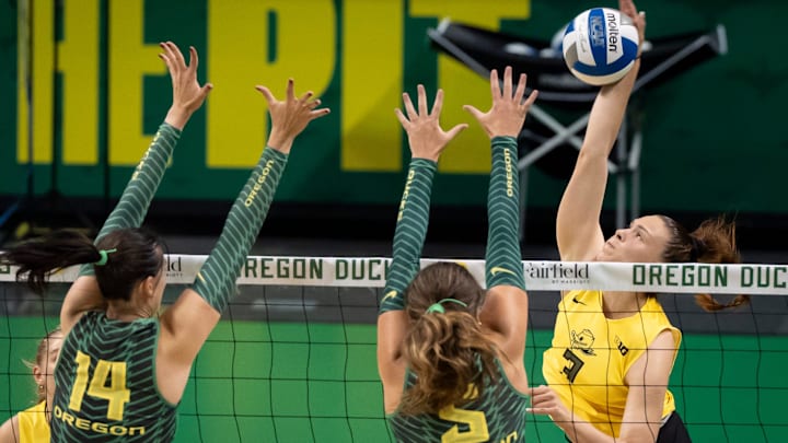 Oregon outside hitter Ksenija Tomic hits during an Oregon volleyball scrimmage at Matthew Knight Arena on Aug. 8, 2025, in Eugene, Oregon.