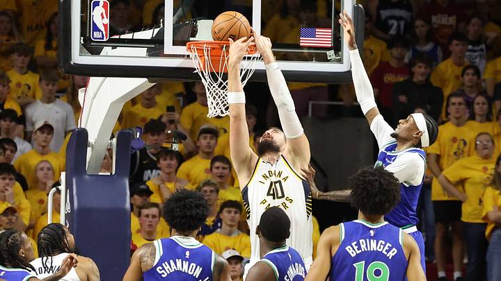 Oct 7, 2026; Ames, Iowa, USA;  Minnesota Timberwolves players watches Indiana Pacers center Ivica Zubac (40) score during the first half at James H. Hilton Coliseum.  Mandatory Credit: Reese Strickland-Imagn Images