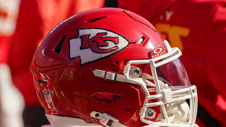 Nov 23, 2025; Kansas City, Missouri, USA; A general view of a Kansas City Chiefs helmet during the game against the Indianapolis Colts at GEHA Field at Arrowhead Stadium. Mandatory Credit: Denny Medley-Imagn Images