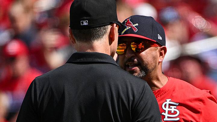 Jul 12, 2026; St. Louis, Missouri, USA; St. Louis Cardinals manager Oliver Marmol (37) argues with umpire Dan Iassogna after he was ejected from the game against the Atlanta Braves during the ninth inning at Busch Stadium. Mandatory Credit: Jeff Curry-Imagn Images Jul 12, 2026; St. Louis, Missouri, USA; St. Louis Cardinals manager Oliver Marmol (37) argues with umpire Dan Iassogna after he was ejected from the game against the Atlanta Braves during the ninth inning at Busch Stadium. Mandatory Credit: Jeff Curry-Imagn Images