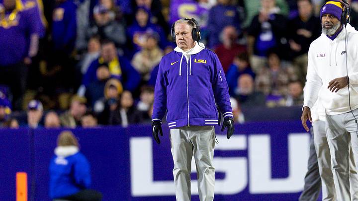 Nov 30, 2024; Baton Rouge, Louisiana, USA;  LSU Tigers head coach Brian Kelly looks on against the Oklahoma Sooners during the fourth quarter at Tiger Stadium. Mandatory Credit: Stephen Lew-Imagn Images
