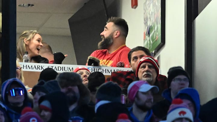 Jan 21, 2024; Orchard Park, New York, USA; Jason Kelce (right) and Kylie Kelce (left) watch the game from the suites in the first half of the 2024 AFC divisional round game between the Buffalo Bills and the Kansas City Chiefs at Highmark Stadium. 