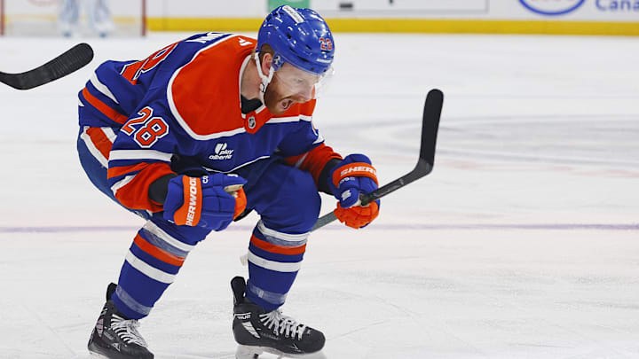 May 1, 2025; Edmonton, Alberta, CAN; Edmonton Oilers forward Connor Brown (28) celebrates after scoring a goal, during the first period against the Los Angelos Kings in game six of the first round of the 2025 Stanley Cup Playoffs at Rogers Place. Mandatory Credit: Perry Nelson-Imagn Images
