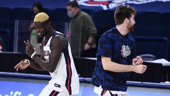 Feb 25, 2021; Spokane, Washington, USA; Gonzaga Bulldogs center Oumar Ballo (21) and Gonzaga Bulldogs forward Drew Timme (2) warm up before a game against the Santa Clara Broncos at McCarthey Athletic Center. Feb 25, 2021; Spokane, Washington, USA; Gonzaga Bulldogs center Oumar Ballo (21) and Gonzaga Bulldogs forward Drew Timme (2) warm up before a game against the Santa Clara Broncos at McCarthey Athletic Center.