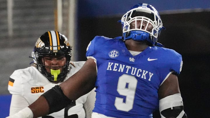 Kentucky’s Keeshawn Silver celebrates some good D against Southern Miss Saturday night at Kroger Field.
Aug. 31, 2024
