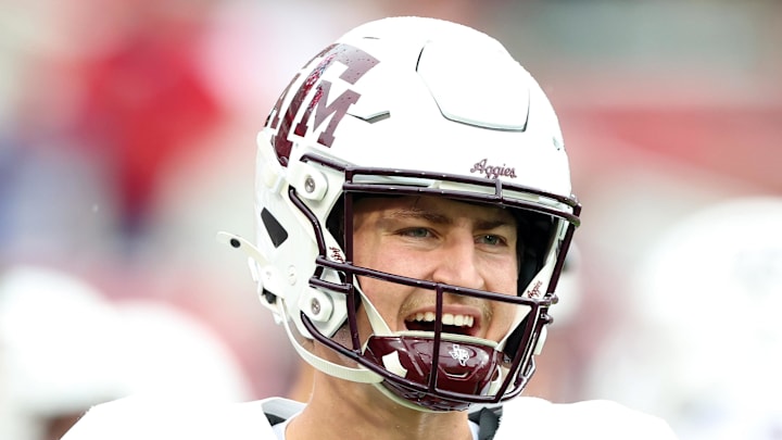 Oct 18, 2025; Fayetteville, Arkansas, USA; Texas A&M Aggies quarterback Brady Hart (13) warms up prior to the game against the Arkansas Razorbacks at Donald W. Reynolds Razorback Stadium. Mandatory Credit: Nelson Chenault-Imagn Images