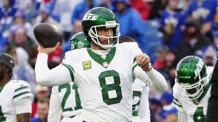 Dec 29, 2024; Orchard Park, New York, USA; New York Jets quarterback Aaron Rodgers (8) warms up prior to the game against the Buffalo Bills at Highmark Stadium. Mandatory Credit: Gregory Fisher-Imagn Images Dec 29, 2024; Orchard Park, New York, USA; New York Jets quarterback Aaron Rodgers (8) warms up prior to the game against the Buffalo Bills at Highmark Stadium. Mandatory Credit: Gregory Fisher-Imagn Images