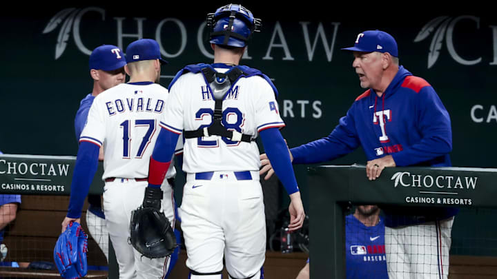 Apr 30, 2025; Arlington, Texas, USA;  Texas Rangers manager Bruce Bochy (15) congratulates Texas Rangers starting pitcher Nathan Eovaldi (17) during the sixth inning against the Oakland Athletics at Globe Life Field.