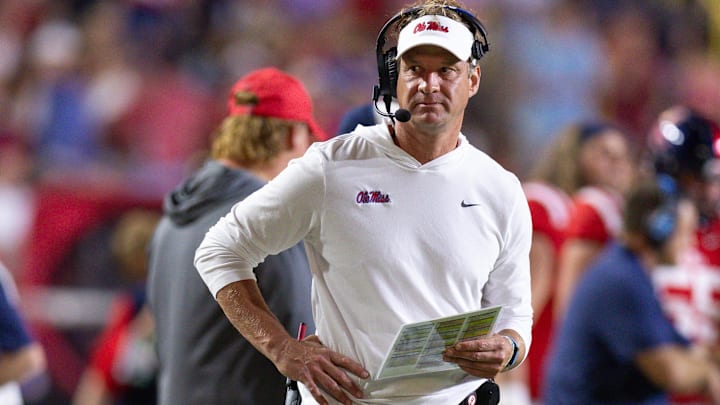 Mississippi Rebels head coach Lane Kiffin looks on during the second half against the LSU Tigers at Tiger Stadium.