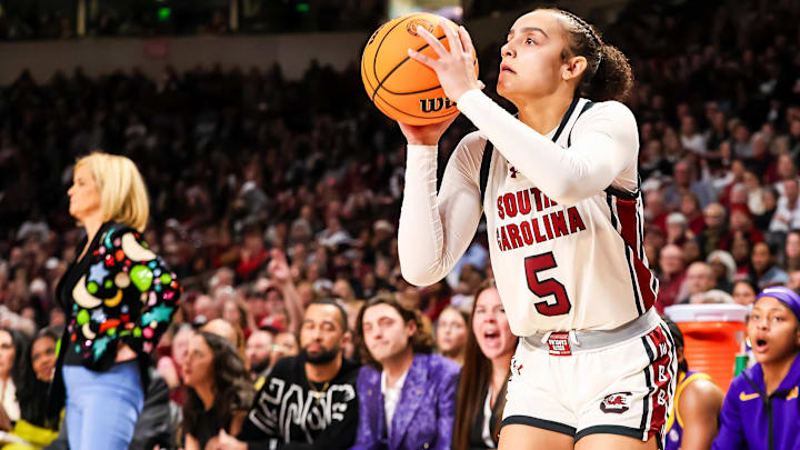 Jan 24, 2025; Columbia, South Carolina, USA; South Carolina Gamecocks guard Tessa Johnson (5) shoots the ball against the LSU Lady Tigers in the first half at Colonial Life Arena. Mandatory Credit: Jeff Blake-Imagn Images