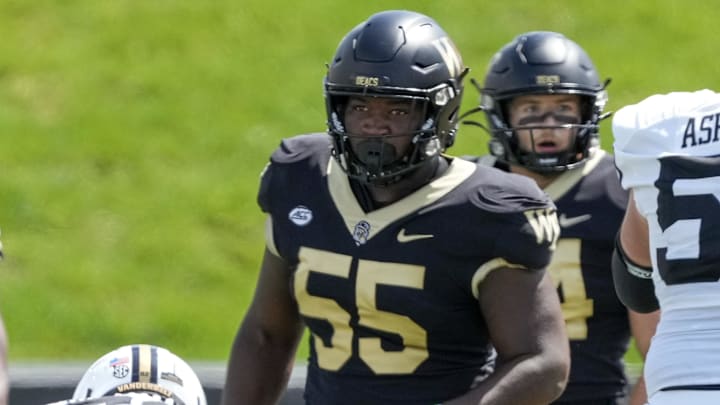 Sep 9, 2023; Winston-Salem, North Carolina, USA;  Wake Forest Demon Deacons defensive lineman Bryce Ganious (55) during the second quarter at Allegacy Federal Credit Union Stadium. Mandatory Credit: Jim Dedmon-Imagn Images