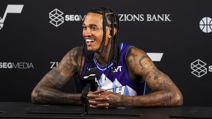 Sep 30, 2024; Salt Lake City, USA; Utah Jazz guard Jordan Clarkson (00) talks to the media during media day at Zions Bank Basketball Campus. Mandatory Credit: Utah Jazz via Imagn Images