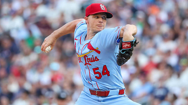 Aug 24, 2024; Minneapolis, Minnesota, USA; St. Louis Cardinals starting pitcher Sonny Gray (54) delivers a pitch against the Minnesota Twins during the first inning at Target Field. Mandatory Credit: Matt Krohn-Imagn Images