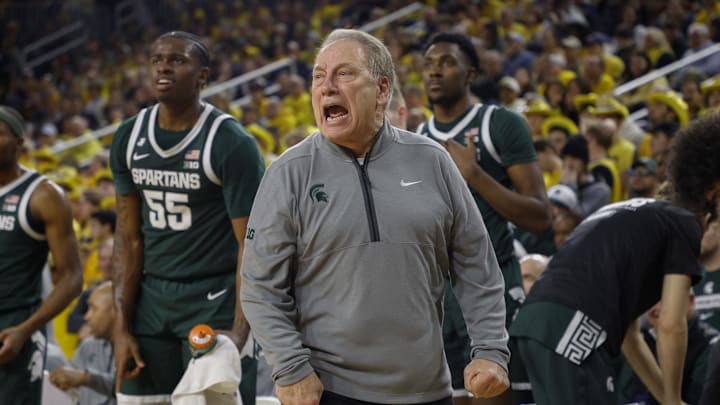 Feb 21, 2025; Ann Arbor, Michigan, USA; Michigan State Spartans head coach Tom Izzo looks on during the second half at Crisler Center. Mandatory Credit: Brian Bradshaw Sevald-Imagn Images