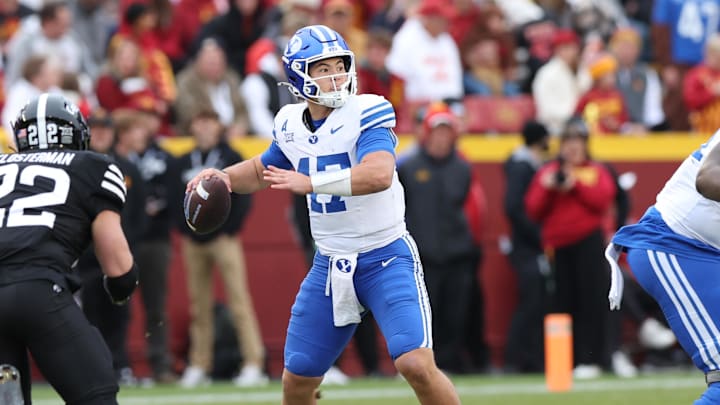 Oct 25, 2025; Ames, Iowa, USA; BYU Cougars quarterback Bear Bachmeier (47) throws a pass against the Iowa State Cyclones at Jack Trice Stadium. Mandatory Credit: Reese Strickland-Imagn Images