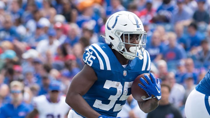 Aug 12, 2023; Orchard Park, New York, USA; Indianapolis Colts running back Deon Jackson (35). Aug 12, 2023; Orchard Park, New York, USA; Indianapolis Colts running back Deon Jackson (35).