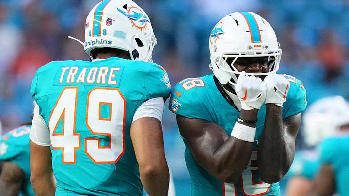 Miami Dolphins wide receiver Chris Bell (18) reacts after gaining yardage against the Atlanta Falcons during the first quarter of a preseason game at Hard Rock Stadium. Miami Dolphins wide receiver Chris Bell (18) reacts after gaining yardage against the Atlanta Falcons during the first quarter of a preseason game at Hard Rock Stadium.