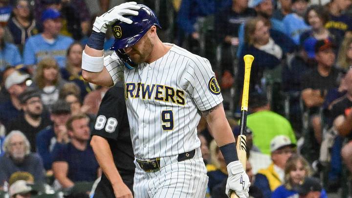 Sep 13, 2026; Milwaukee, Wisconsin, USA; Milwaukee Brewers first baseman Jake Bauers (9) reacts after striking out in the second inning against the Cincinnati Reds at American Family Field. Mandatory Credit: Benny Sieu-Imagn Images Sep 13, 2026; Milwaukee, Wisconsin, USA; Milwaukee Brewers first baseman Jake Bauers (9) reacts after striking out in the second inning against the Cincinnati Reds at American Family Field. Mandatory Credit: Benny Sieu-Imagn Images