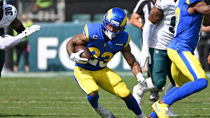 Sep 21, 2025; Philadelphia, Pennsylvania, USA; Los Angeles Rams running back Kyren Williams (23) against the Philadelphia Eagles at Lincoln Financial Field. Mandatory Credit: Eric Hartline-Imagn Images