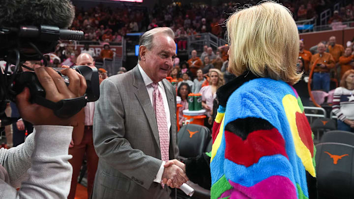 Texas Longhorns head coach Vic Schaefer meets LSU head coach Kim Mulkey ahead of the game at the Moody Center on Sunday, Feb. 16, 2025.