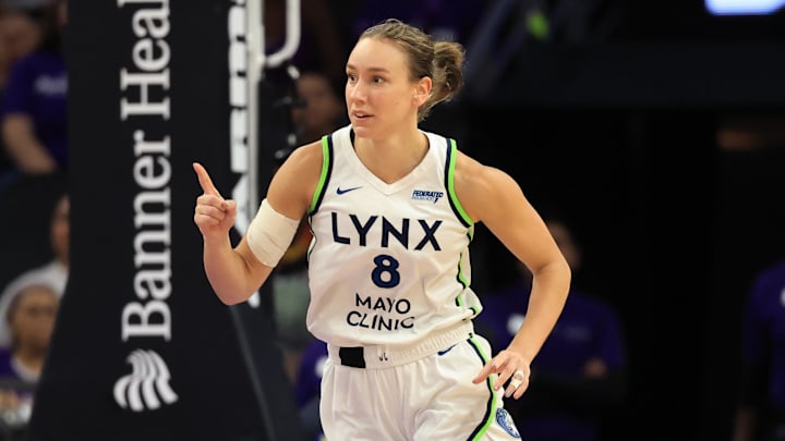 Jul 9, 2025; Phoenix, Arizona, USA; Minnesota Lynx forward Alanna Smith (8) reacts against the Phoenix Mercury during the first half at PHX Arena. Mandatory Credit: Mark J. Rebilas-Imagn Images Jul 9, 2025; Phoenix, Arizona, USA; Minnesota Lynx forward Alanna Smith (8) reacts against the Phoenix Mercury during the first half at PHX Arena. Mandatory Credit: Mark J. Rebilas-Imagn Images