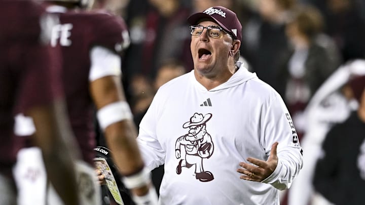 Nov 30, 2024; College Station, Texas, USA; Texas A&M Aggies head coach Mike Elko reacts during the second half against the Texas Longhorns. The Longhorns defeated the Aggies 17-7. at Kyle Field. Mandatory Credit: Maria Lysaker-Imagn Images 
