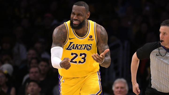 Feb 13, 2024; Los Angeles, California, USA;  Los Angeles Lakers forward LeBron James (23) reacts