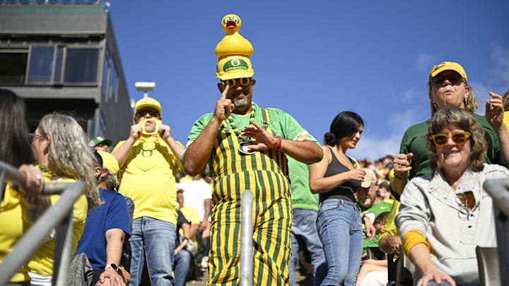 Oct 26, 2024; Eugene, Oregon, USA; An Oregon Ducks fan shows his support during a game against the Illinois Fighting Illini at Autzen Stadium.