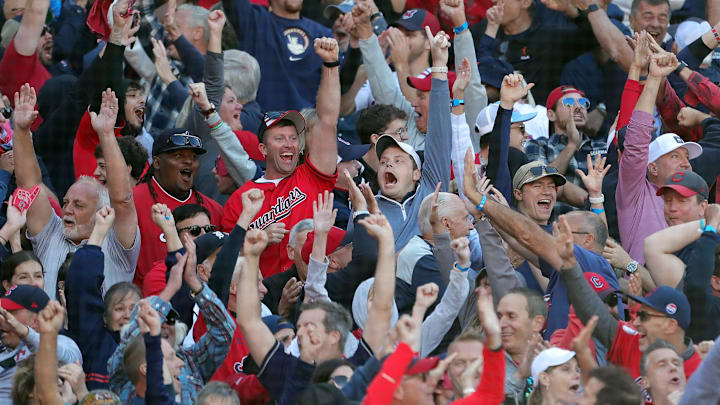 Cleveland Guardians fans go wild after shortstop Brayan Rocchio (4) solo homer during the eighth inning of Game 2 of the American League wild card series at Progressive Field, Oct. 1, 2025, in Cleveland, Ohio. Cleveland Guardians fans go wild after shortstop Brayan Rocchio (4) solo homer during the eighth inning of Game 2 of the American League wild card series at Progressive Field, Oct. 1, 2025, in Cleveland, Ohio.