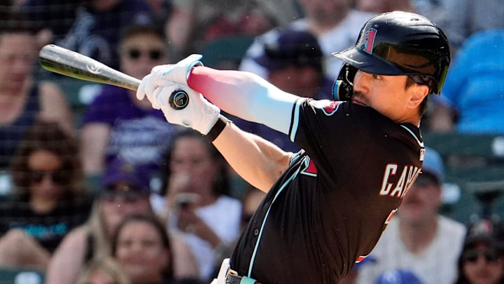 Arizona Diamondbacks' Corbin Carroll hits an RBI-single against the Kansas City Royals in the third inning during a spring training game at Salt River Fields at Talking Stick on Feb. 28, 2025, in Scottsdale.