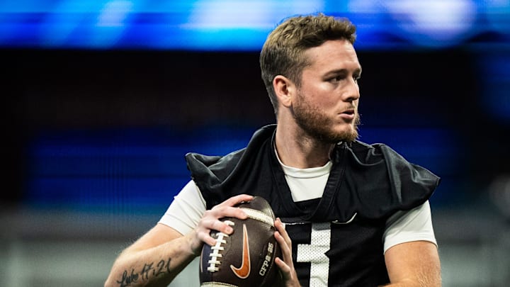 Texas Longhorns quarterback Quinn Ewers (3) throws the ball during practice at Mercedes-Benz Stadium in Atlanta, Georgia on Dec. 30, 2024 ahead of the College Football Playoff Quarterfinals. Texas Longhorns quarterback Quinn Ewers (3) throws the ball during practice at Mercedes-Benz Stadium in Atlanta, Georgia on Dec. 30, 2024 ahead of the College Football Playoff Quarterfinals.
