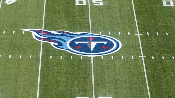 A detailed view of the Tennessee Titans logo at midfield on Jan 22, 2022.