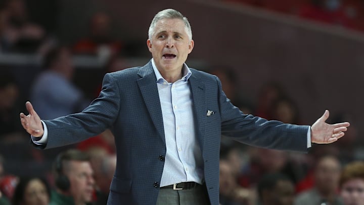Jan 18, 2022; Houston, Texas, USA; South Florida Bulls head coach Brian Gregory reacts during the second half against the Houston Cougars at Fertitta Center. Mandatory Credit: Troy Taormina-Imagn Images