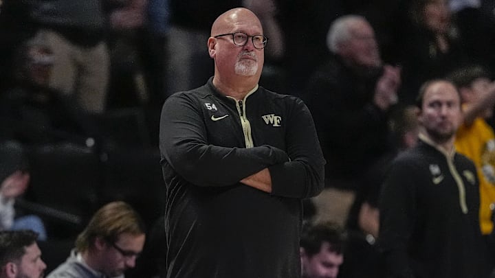 Jan 7, 2026; Winston-Salem, North Carolina, USA; Wake Forest Demon Deacons head coach Steve Forbes during the second half against the Miami (FL) Hurricanes at Lawrence Joel Veterans Memorial Coliseum. Mandatory Credit: Jim Dedmon-Imagn Images