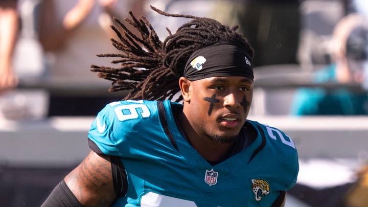 Jacksonville Jaguars safety Antonio Johnson (26) enters the field during Salute to Service before the start of an NFL football game at EverBank Stadium, Sunday, November 16, 2025, in Jacksonville, Fla. [Doug Engle/Florida Times-Union]