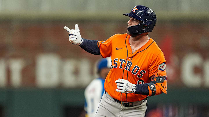 Sep 13, 2025; Cumberland, Georgia, USA; Houston Astros first baseman Christian Walker (8) reacts after hitting a two run home run against the Atlanta Braves during the third inning at Truist Park. Mandatory Credit: Dale Zanine-Imagn Images