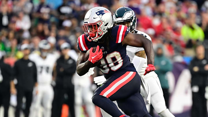 Sep 10, 2023; Foxborough, Massachusetts, USA; New England Patriots running back Rhamondre Stevenson