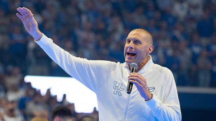 Kentucky Wildcats head coach Mark Pope hypes up the crowd during Big Blue Madness on Friday, Oct. 11, 2024 at Rupp Arena. Kentucky Wildcats head coach Mark Pope hypes up the crowd during Big Blue Madness on Friday, Oct. 11, 2024 at Rupp Arena.