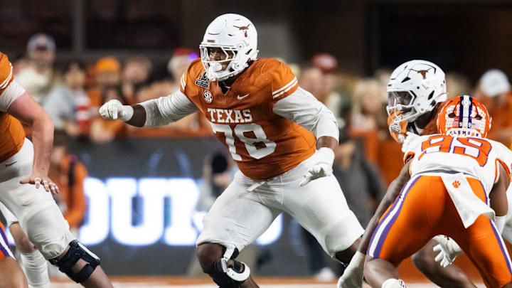 Dec 21, 2024; Austin, Texas, USA; Texas Longhorns offensive lineman Kelvin Banks Jr. (78) against the Clemson Tigers during the CFP National playoff first round at Darrell K Royal-Texas Memorial Stadium. Mandatory Credit: Mark J. Rebilas-Imagn Images Dec 21, 2024; Austin, Texas, USA; Texas Longhorns offensive lineman Kelvin Banks Jr. (78) against the Clemson Tigers during the CFP National playoff first round at Darrell K Royal-Texas Memorial Stadium. Mandatory Credit: Mark J. Rebilas-Imagn Images