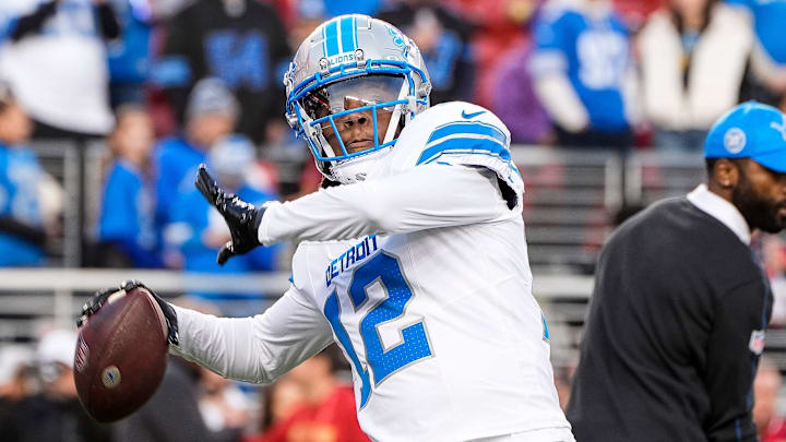 Detroit Lions quarterback Teddy Bridgewater (12) warms up before the game between San Francisco 49ers and Detroit Lions at Levi's Stadium in Santa Clara, Calif. on Monday, Dec. 30, 2024.