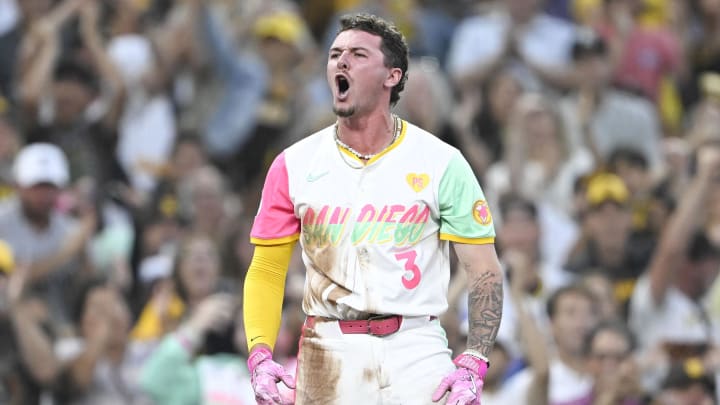 July 5, 2024; San Diego, California, USA; San Diego Padres center fielder Jackson Merrill (3) celebrates after hitting an RBI triple during the fourth inning against the Arizona Diamondbacks at Petco Park. Mandatory Credit: Denis Poroy-USA TODAY Sports