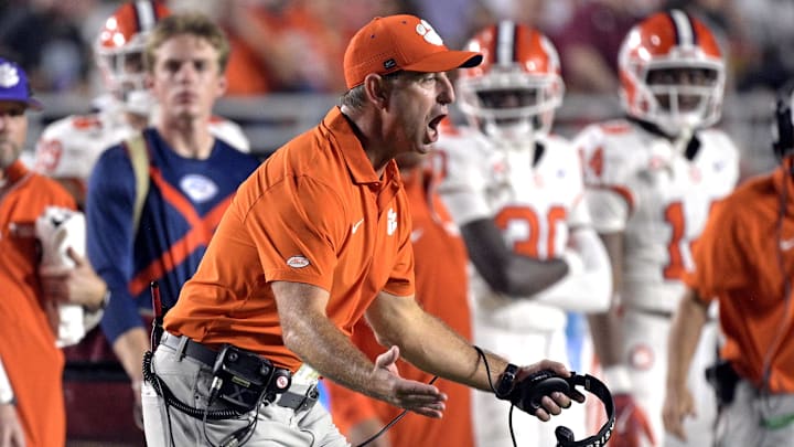 Oct 5, 2024; Tallahassee, Florida, USA; Clemson Tigers head coach Dabo Swinney reacts during the second half against the Florida State Seminoles at Doak S. Campbell Stadium. Oct 5, 2024; Tallahassee, Florida, USA; Clemson Tigers head coach Dabo Swinney reacts during the second half against the Florida State Seminoles at Doak S. Campbell Stadium.