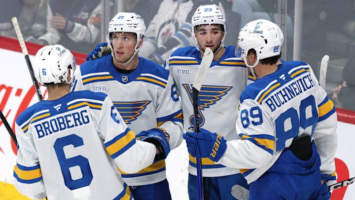 Mar 15, 2026; Winnipeg, Manitoba, CAN; St. Louis Blues left wing Dylan Holloway (81) celebrates a goal against the Winnipeg Jets in the  third period at Canada Life Centre. Mandatory Credit: James Carey Lauder-Imagn Images