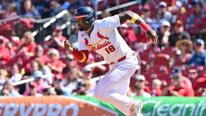 Sep 7, 2025; St. Louis, Missouri, USA; St. Louis Cardinals outfielder Jordan Walker (18) runs to second base against the San Francisco Giants at Busch Stadium. Mandatory Credit: Tim Vizer-Imagn Images