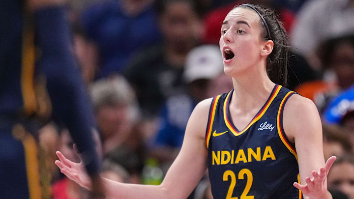 Indiana Fever guard Caitlin Clark (22) reacts to a call from the referee on Sunday, Sept. 15, 2024, during the game at Gainbridge Fieldhouse in Indianapolis. The Indiana Fever defeated the Dallas Wings, 110-109.