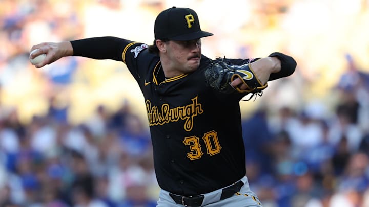Pittsburgh Pirates starting pitcher Paul Skenes (30) pitches during the second inning against the Los Angeles Dodgers at Dodger Stadium. 