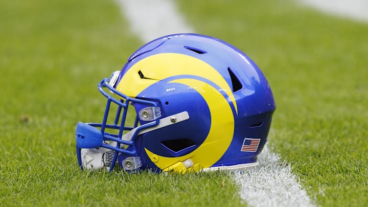 Nov 5, 2023; Green Bay, Wisconsin, USA;  General view of an Los Angeles Rams helmet during warmups prior to the game against the Green Bay Packers at Lambeau Field.
