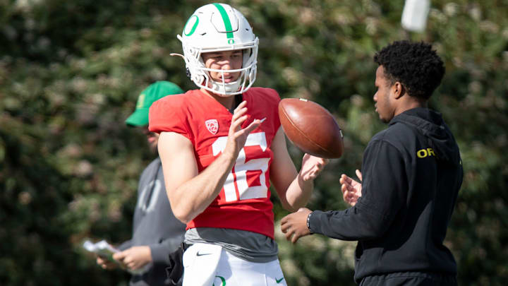 Oregon quarterback Austin Novosad works out during practice with the Oregon Ducks Tuesday, April 16, 2024 at the Hatfield-Dowlin Complex in Eugene, Ore.