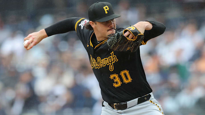 Sep 28, 2024; Bronx, New York, USA; Pittsburgh Pirates starting pitcher Paul Skenes (30) pitches against the New York Yankees during the first inning at Yankee Stadium. Mandatory Credit: Brad Penner-Imagn Images