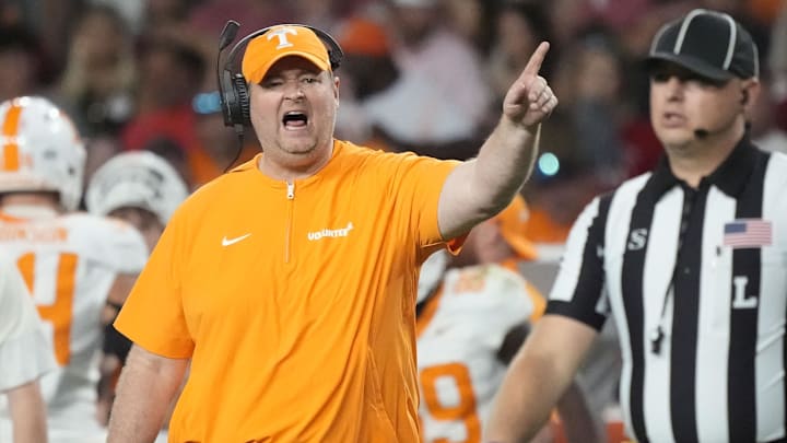 Oct 18, 2025; Tuscaloosa, Alabama, USA; Tennessee Volunteers head coach Josh Heupel reacts in the second quarter against the Alabama Crimson Tide at Saban Field at Bryant-Denny Stadium. Mandatory Credit: Gary Cosby-USA TODAY Network via Imagn Images Oct 18, 2025; Tuscaloosa, Alabama, USA; Tennessee Volunteers head coach Josh Heupel reacts in the second quarter against the Alabama Crimson Tide at Saban Field at Bryant-Denny Stadium. Mandatory Credit: Gary Cosby-USA TODAY Network via Imagn Images